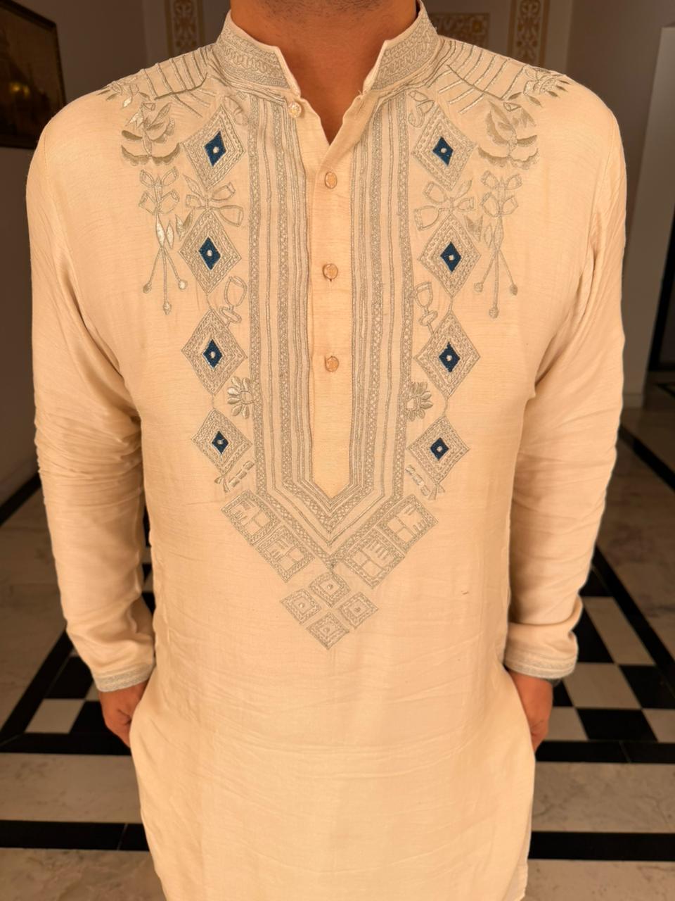Hand-Embroidered Silk Kurta Set with Pants