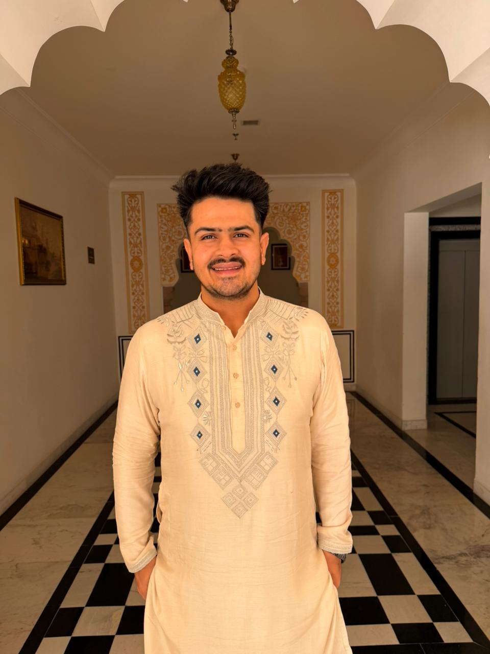 Hand-Embroidered Silk Kurta Set with Pants