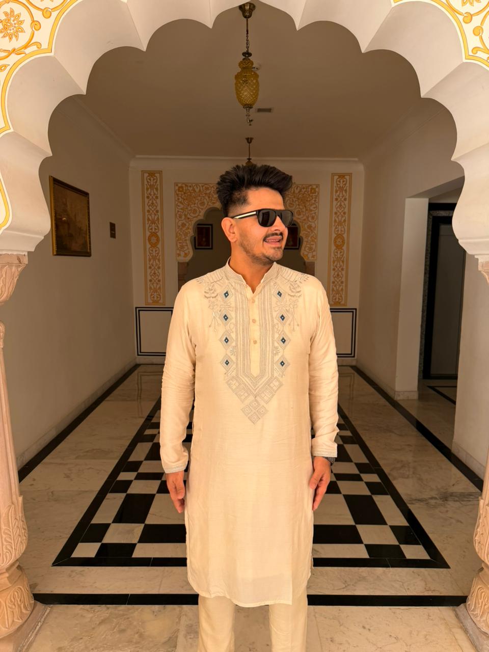 Hand-Embroidered Silk Kurta Set with Pants