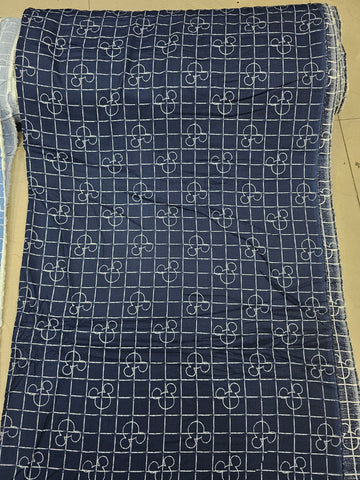 Classic Navy Blue Grid Print Cotton Fabric