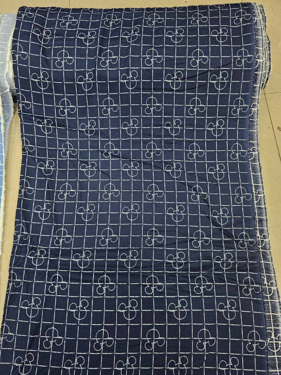 Classic Navy Blue Grid Print Cotton Fabric