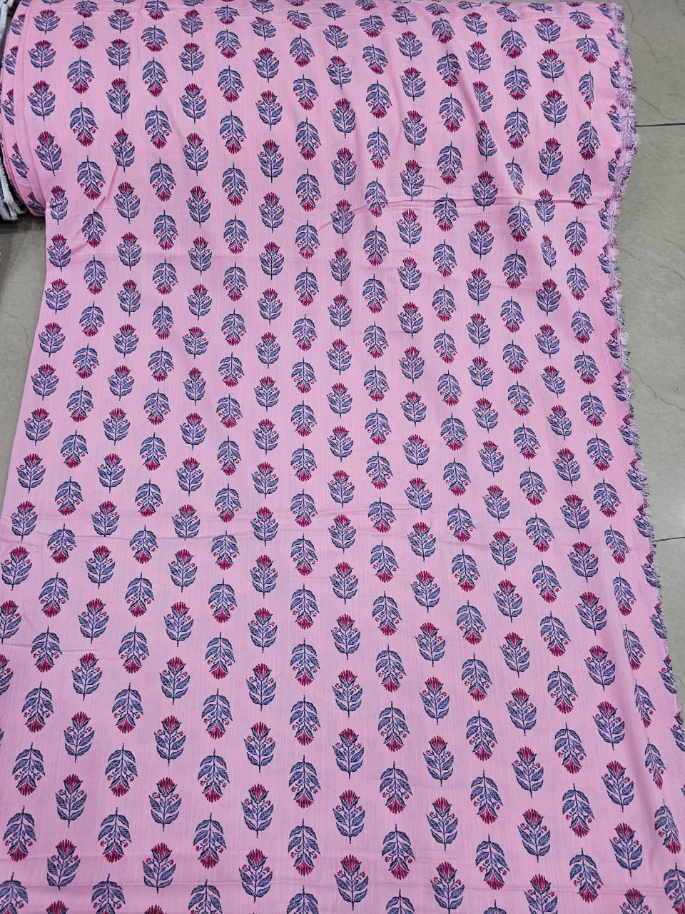 Baby Pink Leaf Print Rayon Cotton Fabric