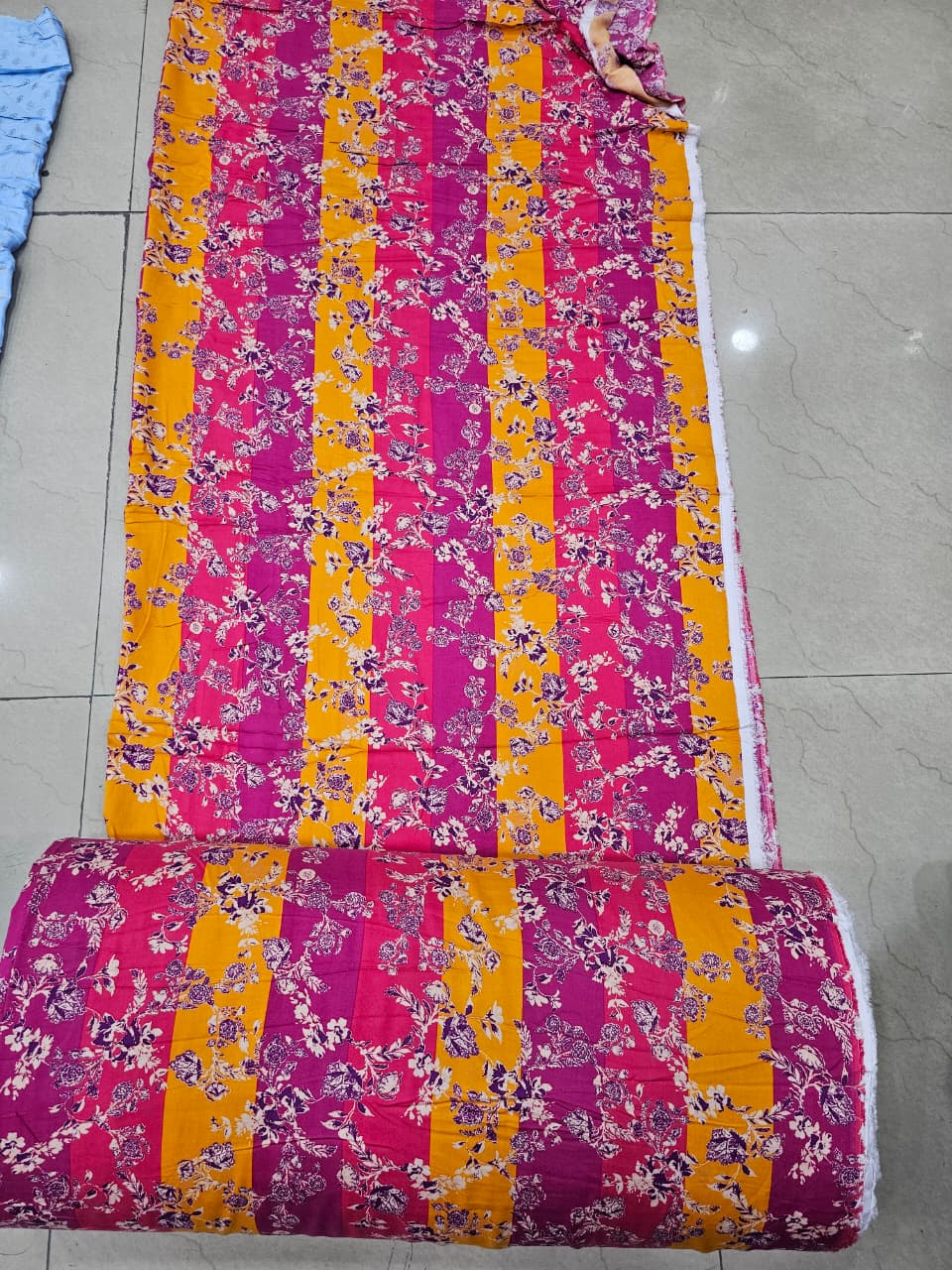 Pink & Mustard Striped Floral Georgette Fabric | Lakhina Couture
