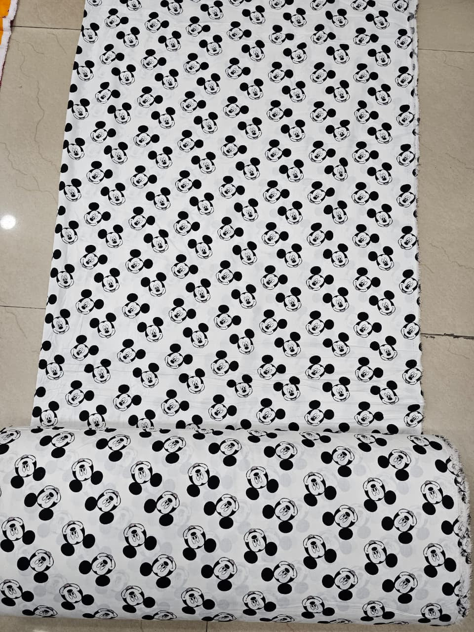 White Mickey Print Rayon Cotton Fabric