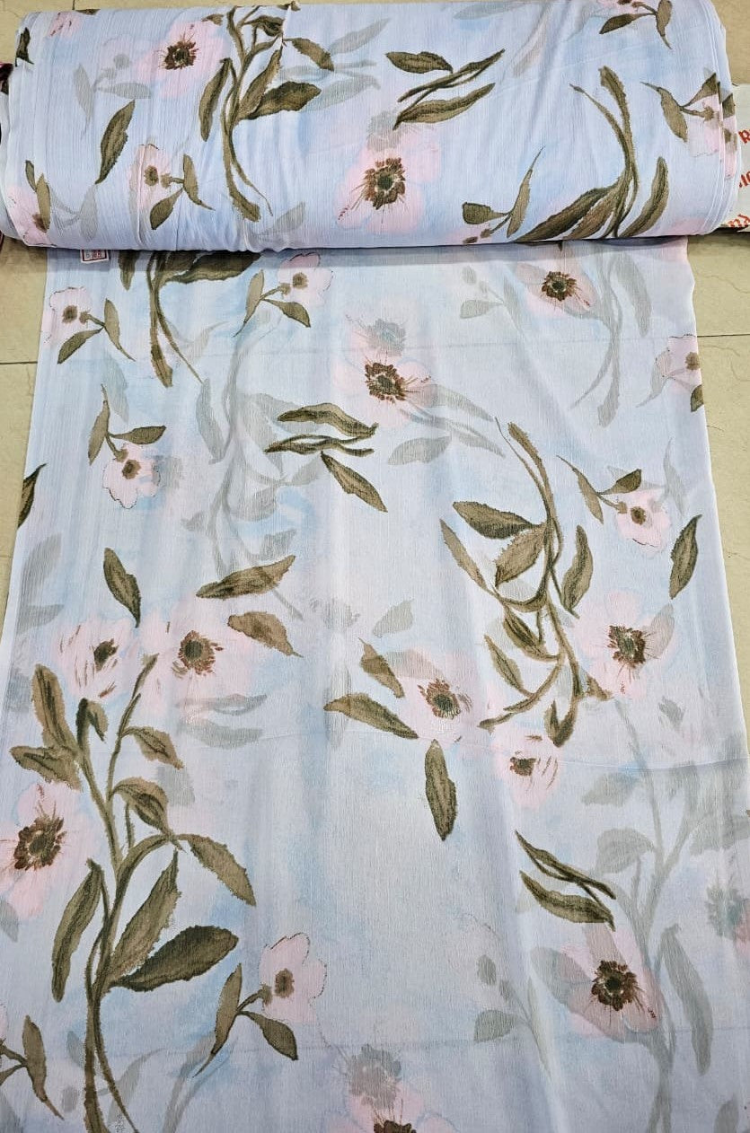 Powder Blue Floral Printed Chiffon Fabric