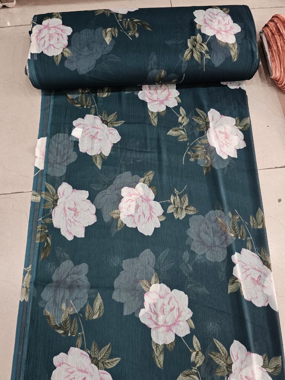 Bottle Green Floral Print Chiffon Fabric