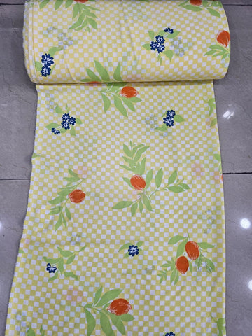 Lemon Checkered Floral Printed Pure Cotton Fabric