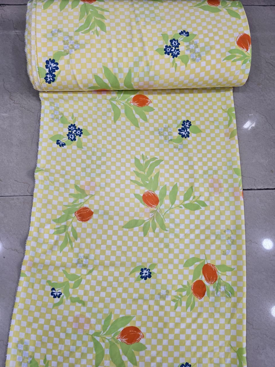 Lemon Checkered Floral Printed Pure Cotton Fabric