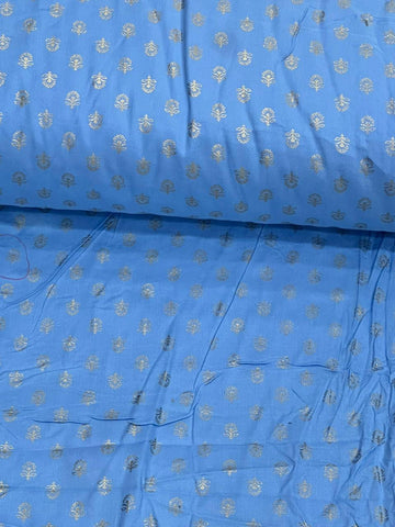 Sky Blue Golden Booti Printed Rayon Cotton Fabric –