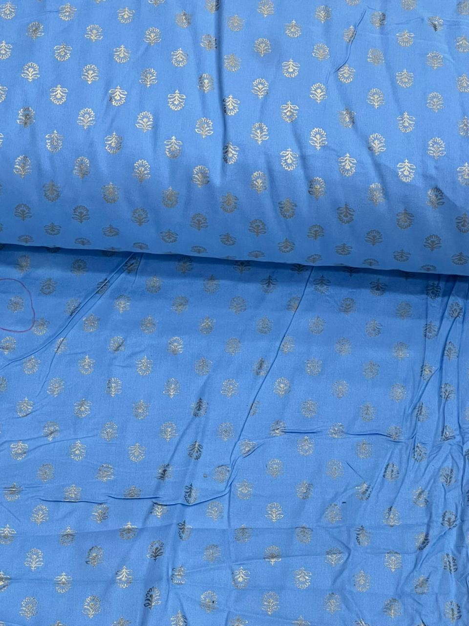 Sky Blue Golden Booti Printed Rayon Cotton Fabric –