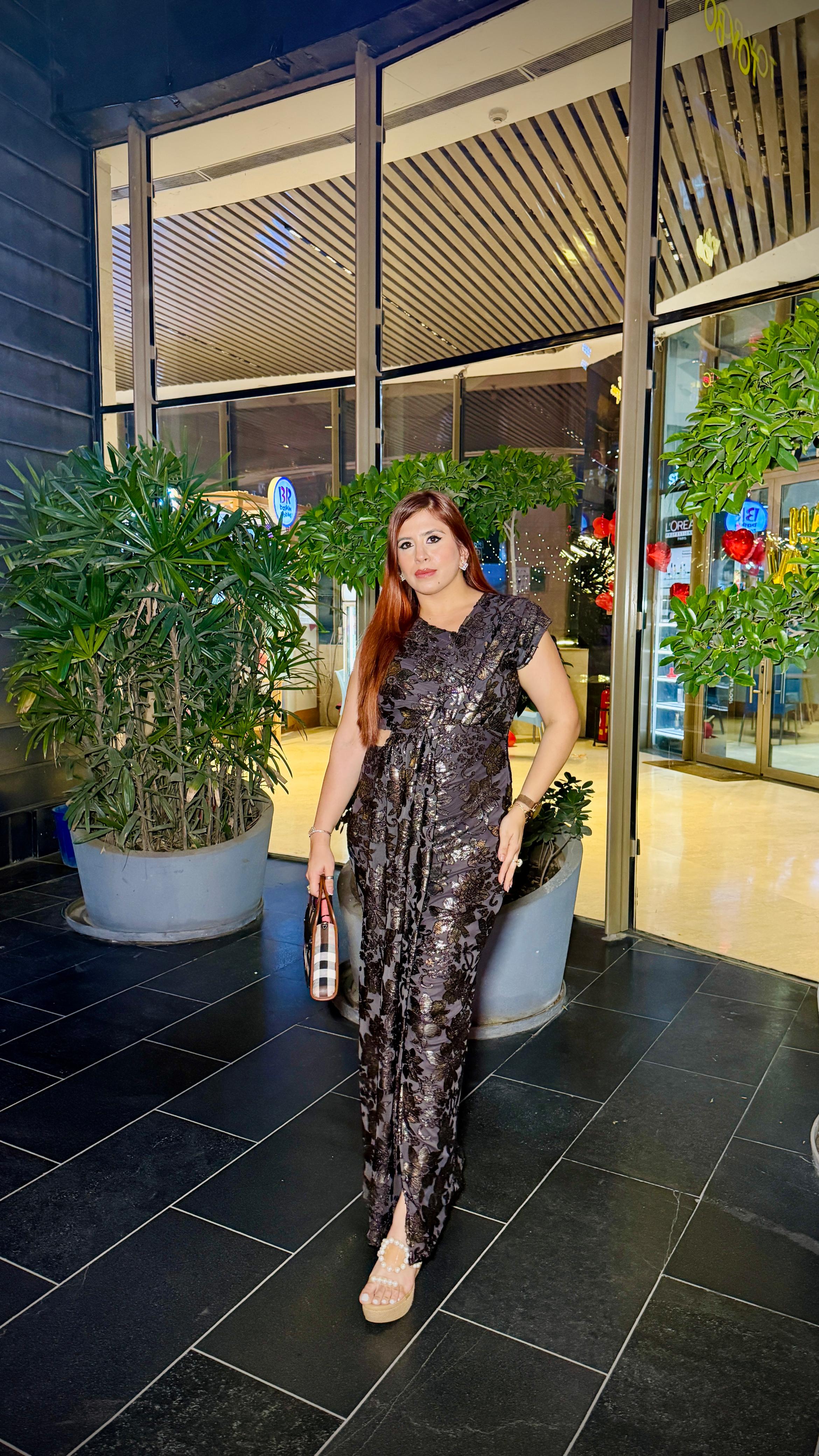 Brown bougainvillea drape gown