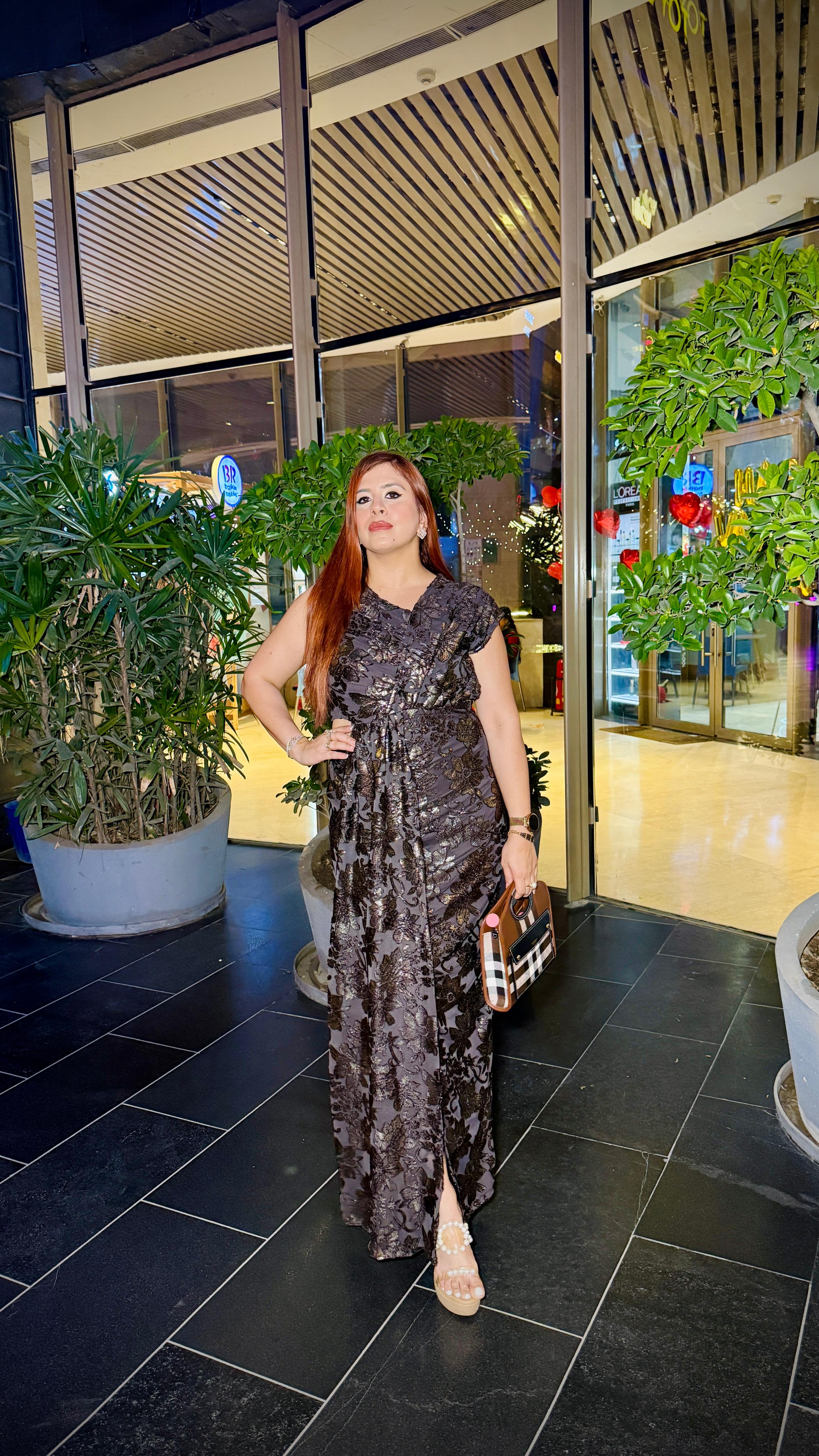 Brown bougainvillea drape gown