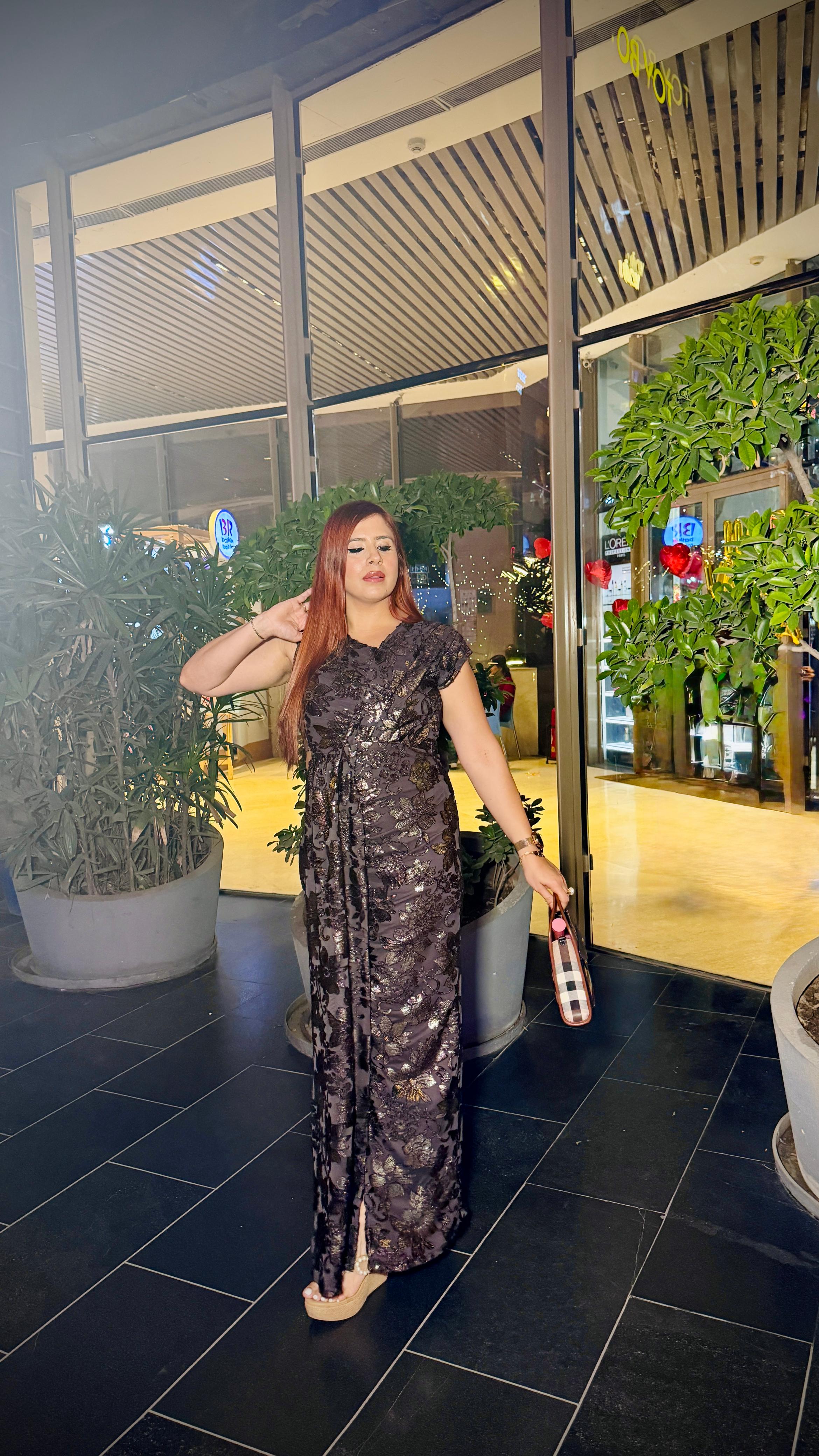 Brown bougainvillea drape gown