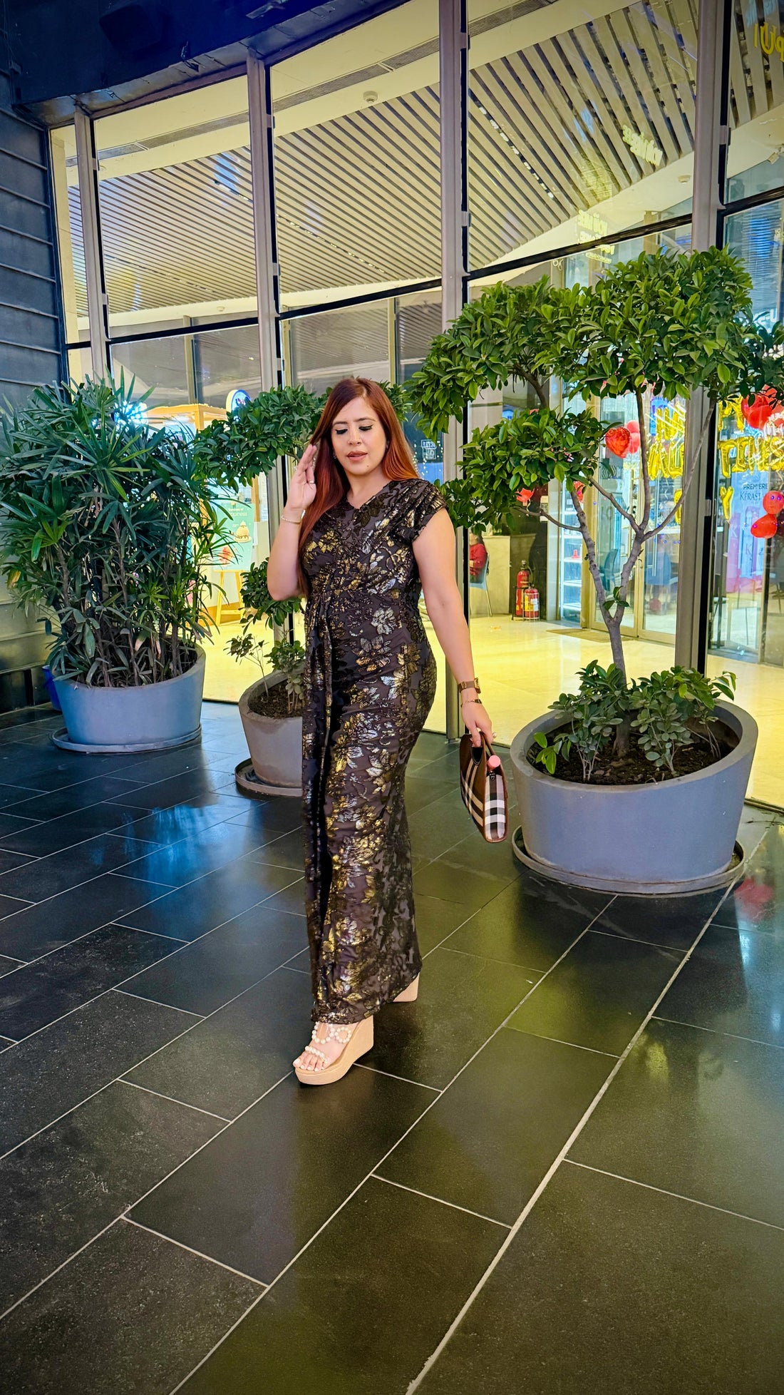 Brown bougainvillea drape gown