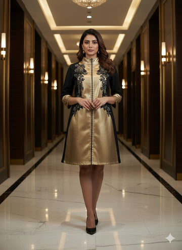 Black & Golden Hand Embroidered Party Dress with Front Zip