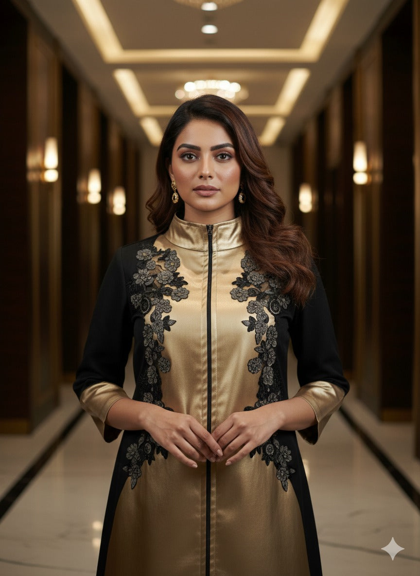 Black & Golden Hand Embroidered Party Dress with Front Zip