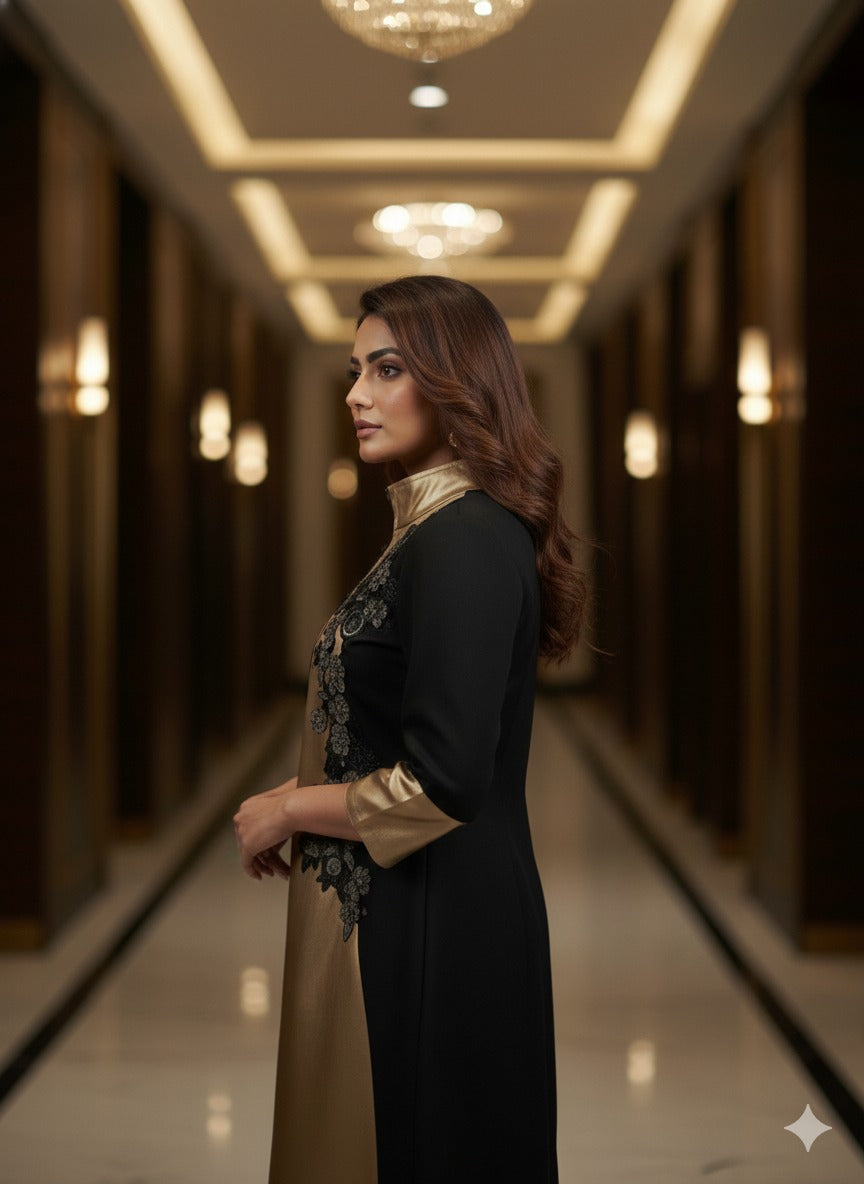 Black & Golden Hand Embroidered Party Dress with Front Zip