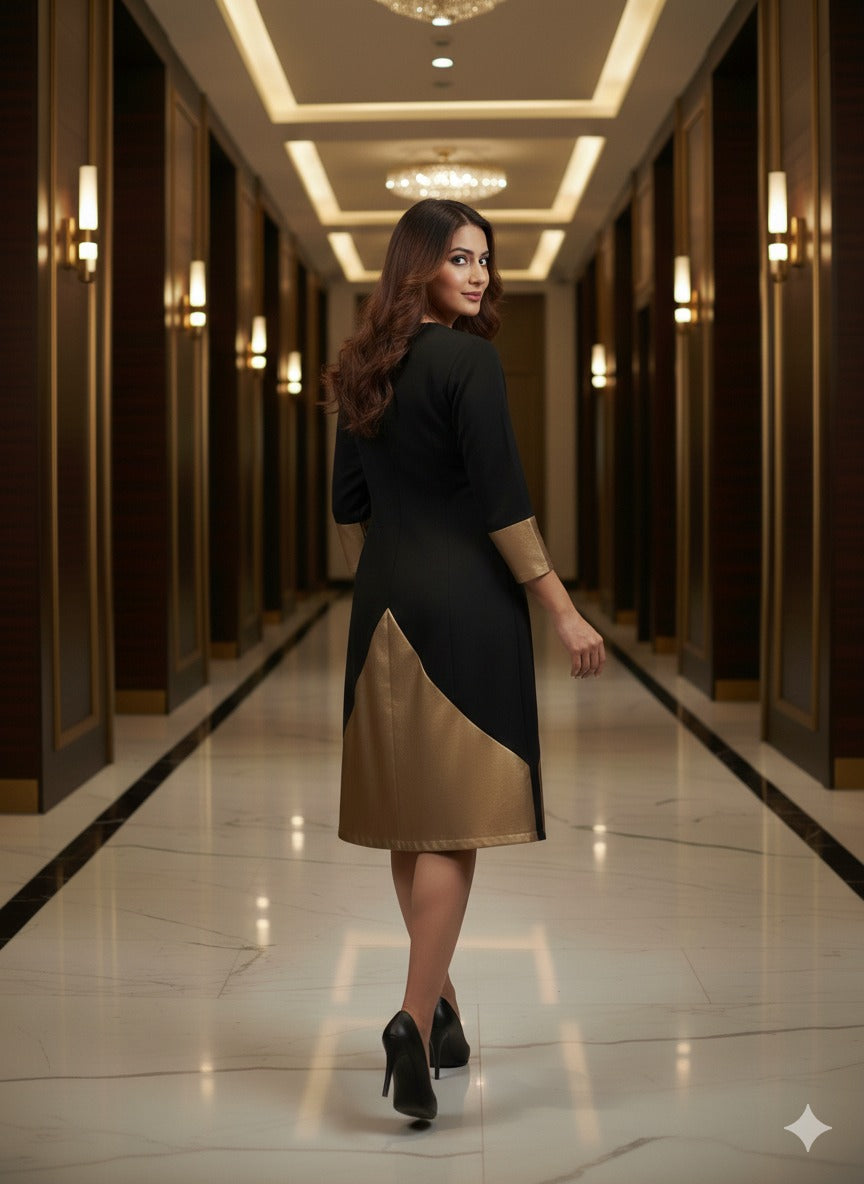 Black & Golden Hand Embroidered Party Dress with Front Zip