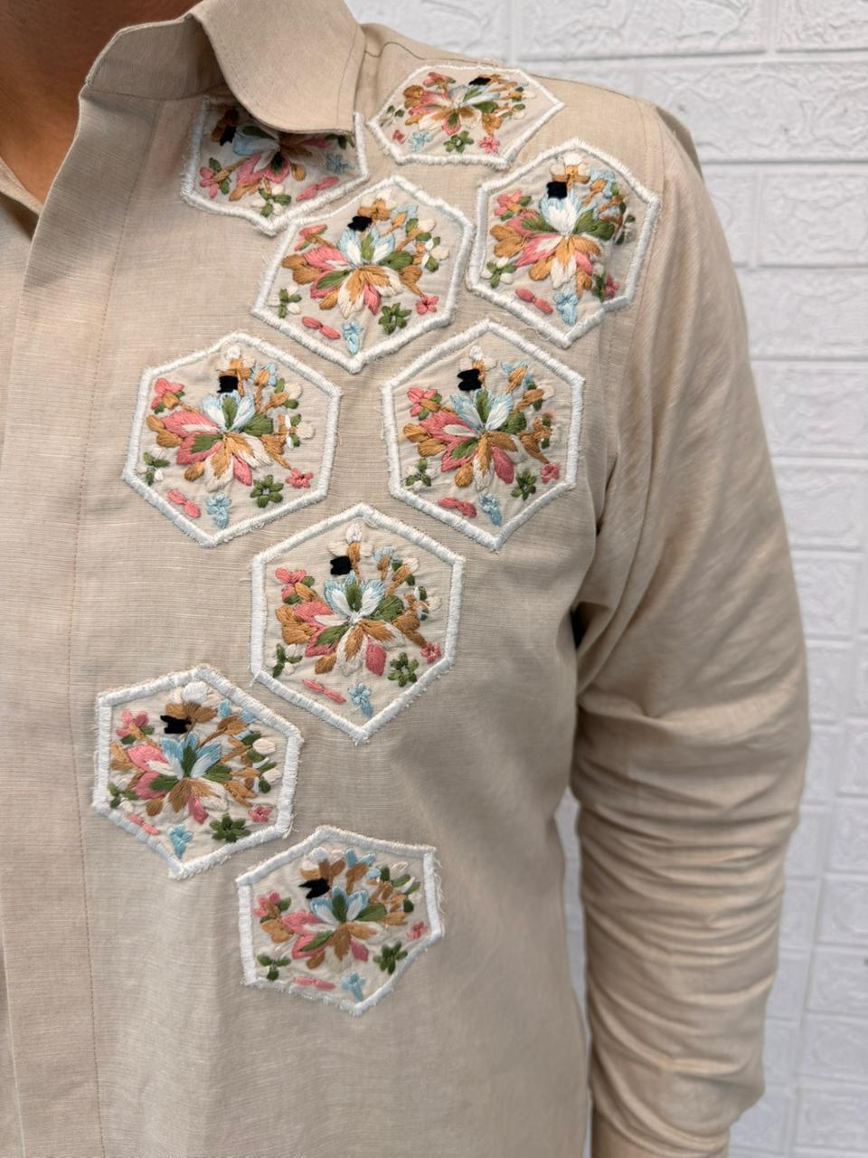 Beige Linen Embroidered Men's Co-ord Set