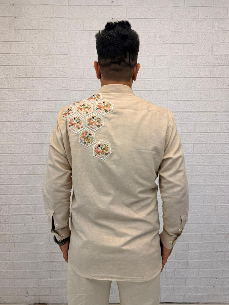 Beige Linen Embroidered Men's Co-ord Set