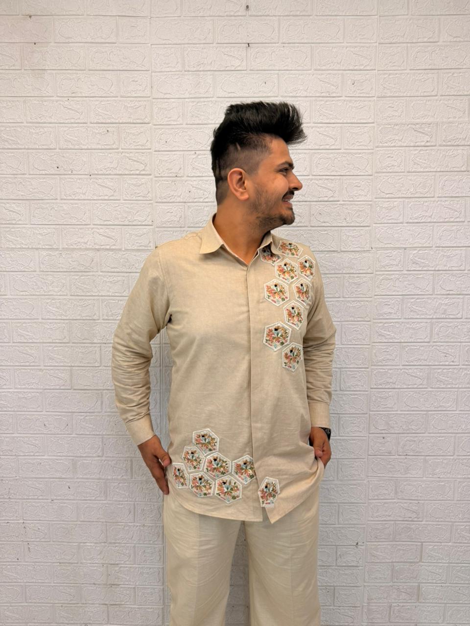 Beige Linen Embroidered Men's Co-ord Set