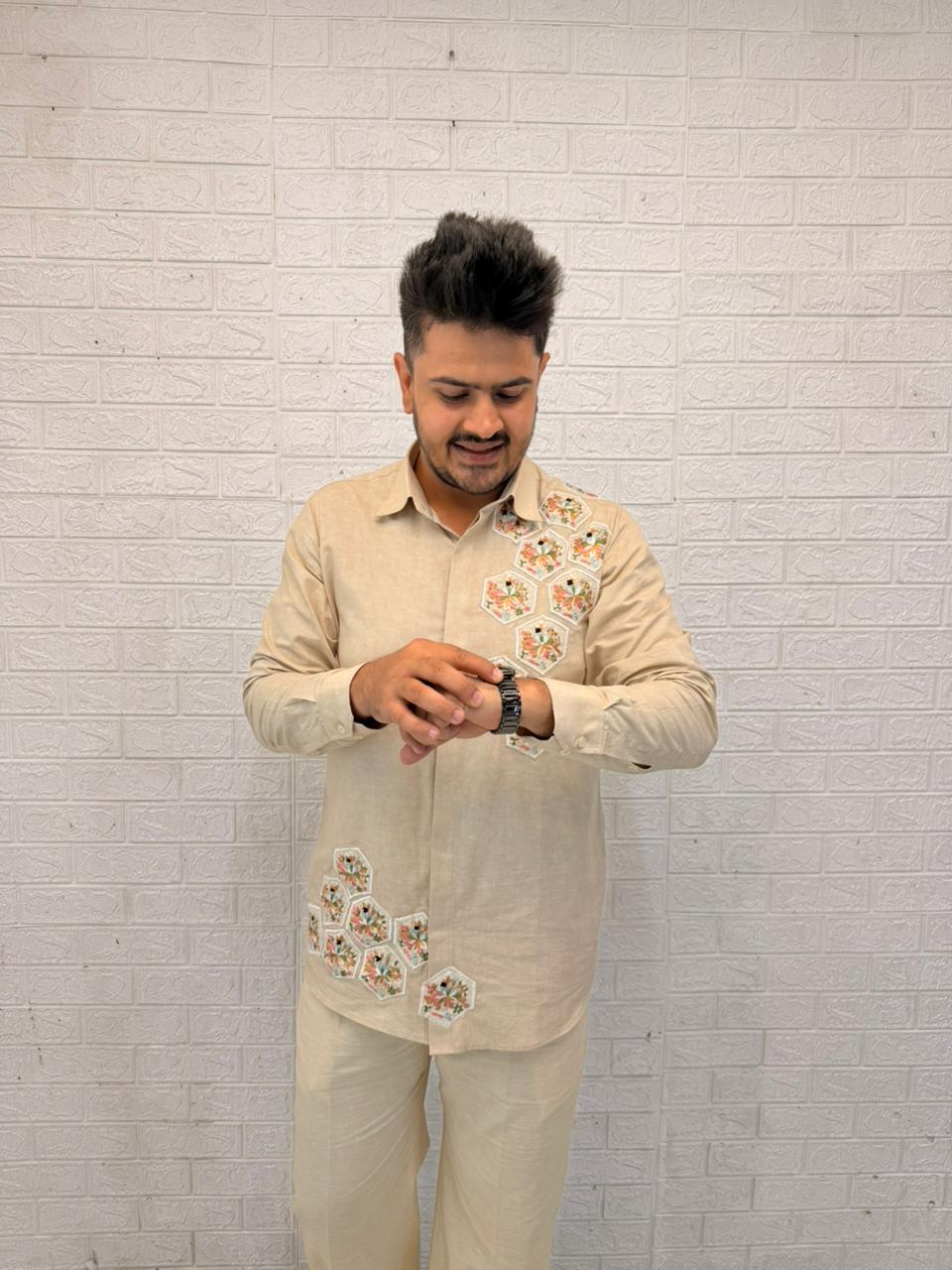 Beige Linen Embroidered Men's Co-ord Set