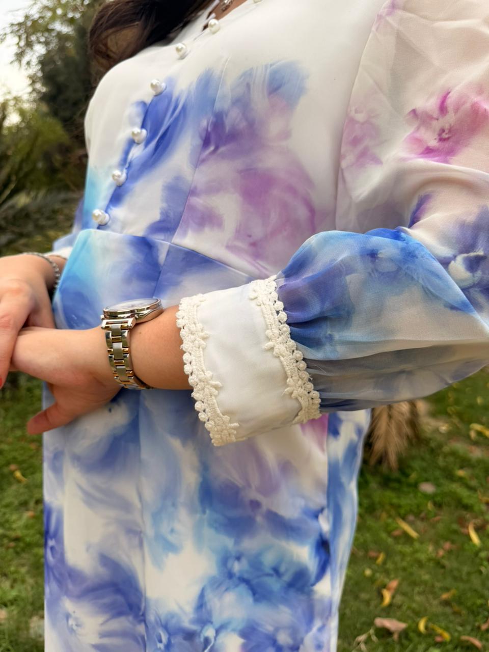 White Floral Georgette Midi Dress