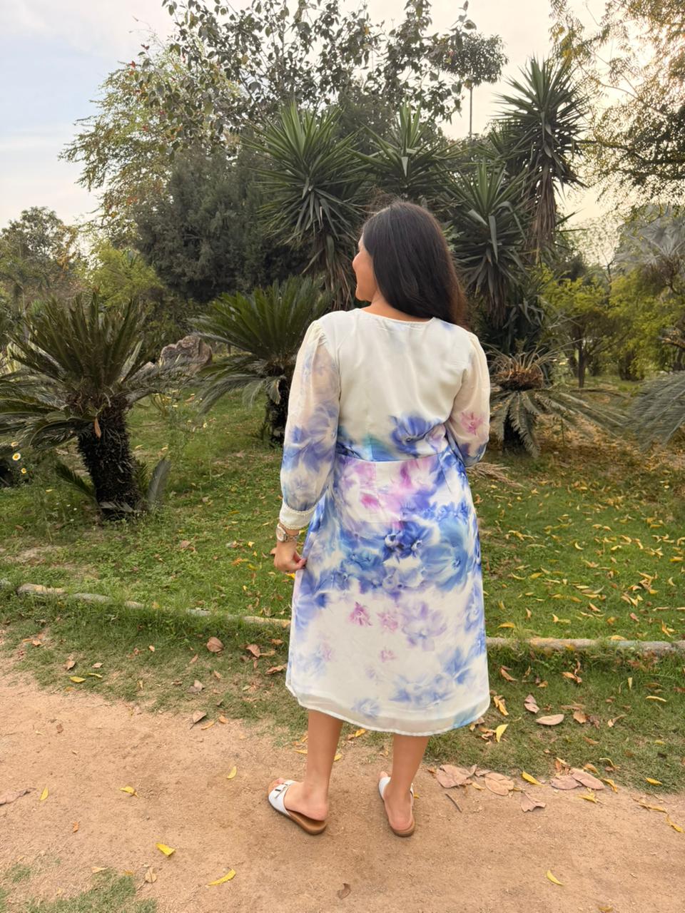 White Floral Georgette Midi Dress