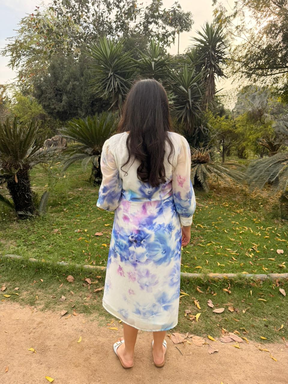 White Floral Georgette Midi Dress