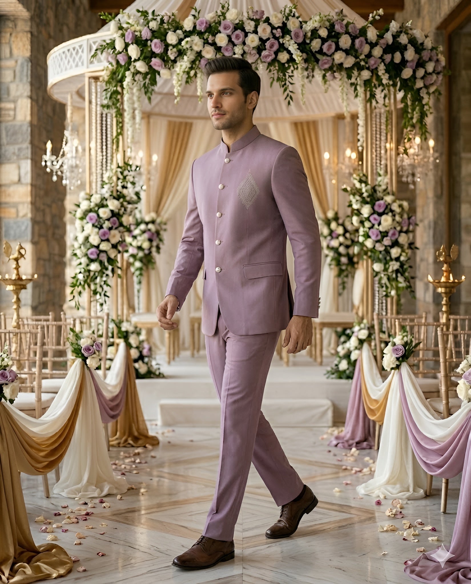 Mauve Bandhgala Suit Set for Men