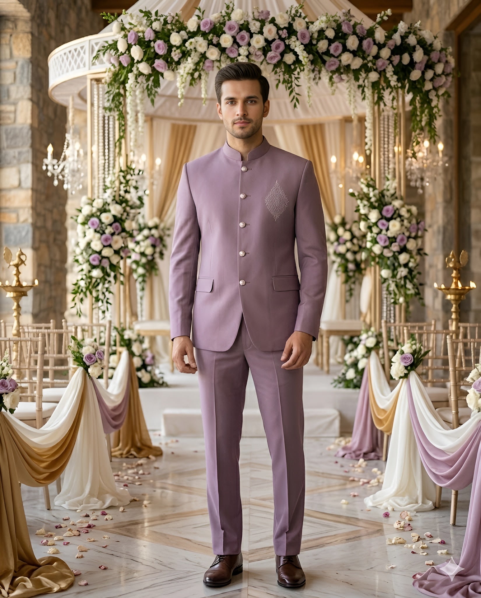 Mauve Bandhgala Suit Set for Men