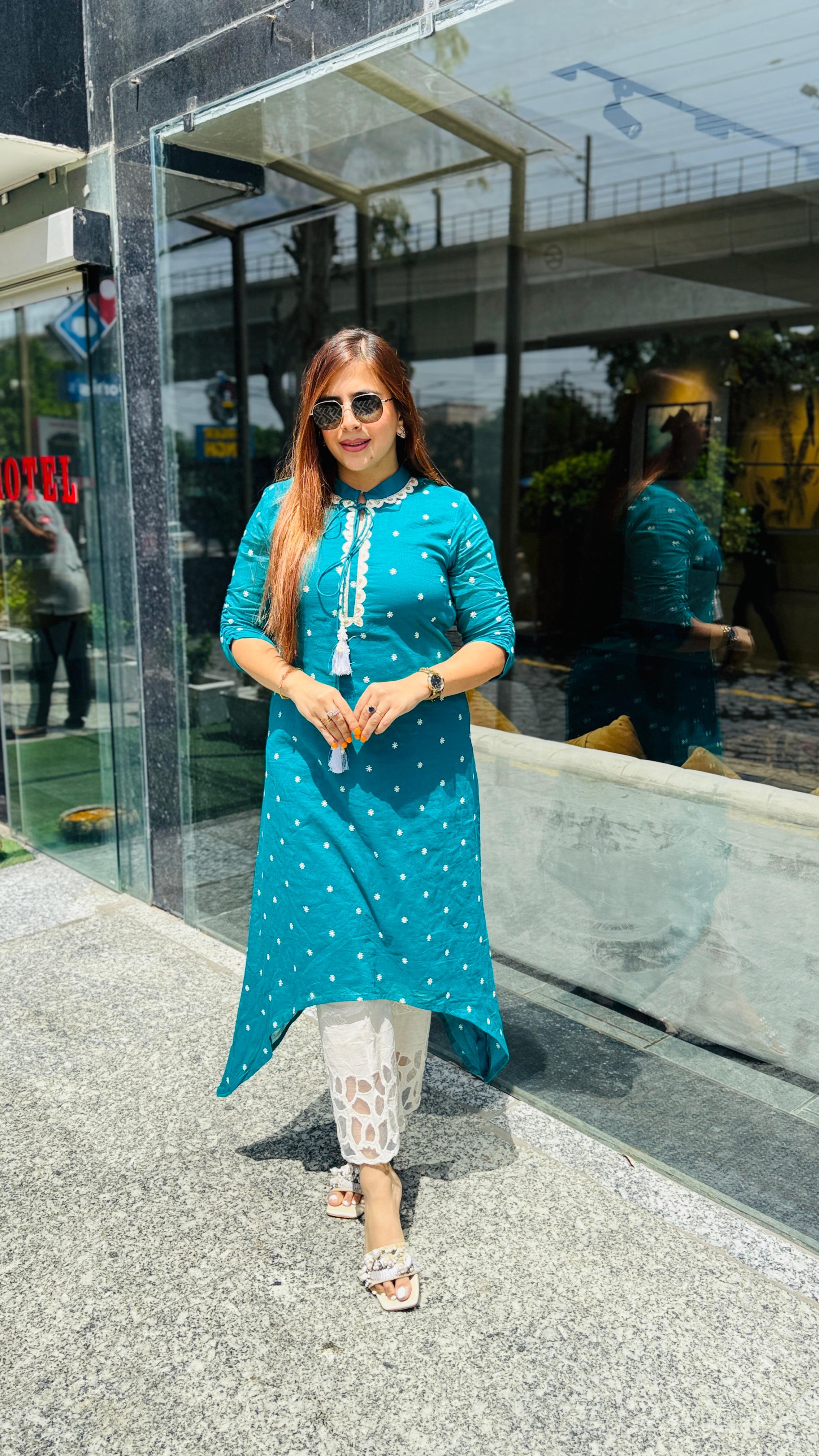Teal Blue Embroidered Kurti | Lakhina Couture