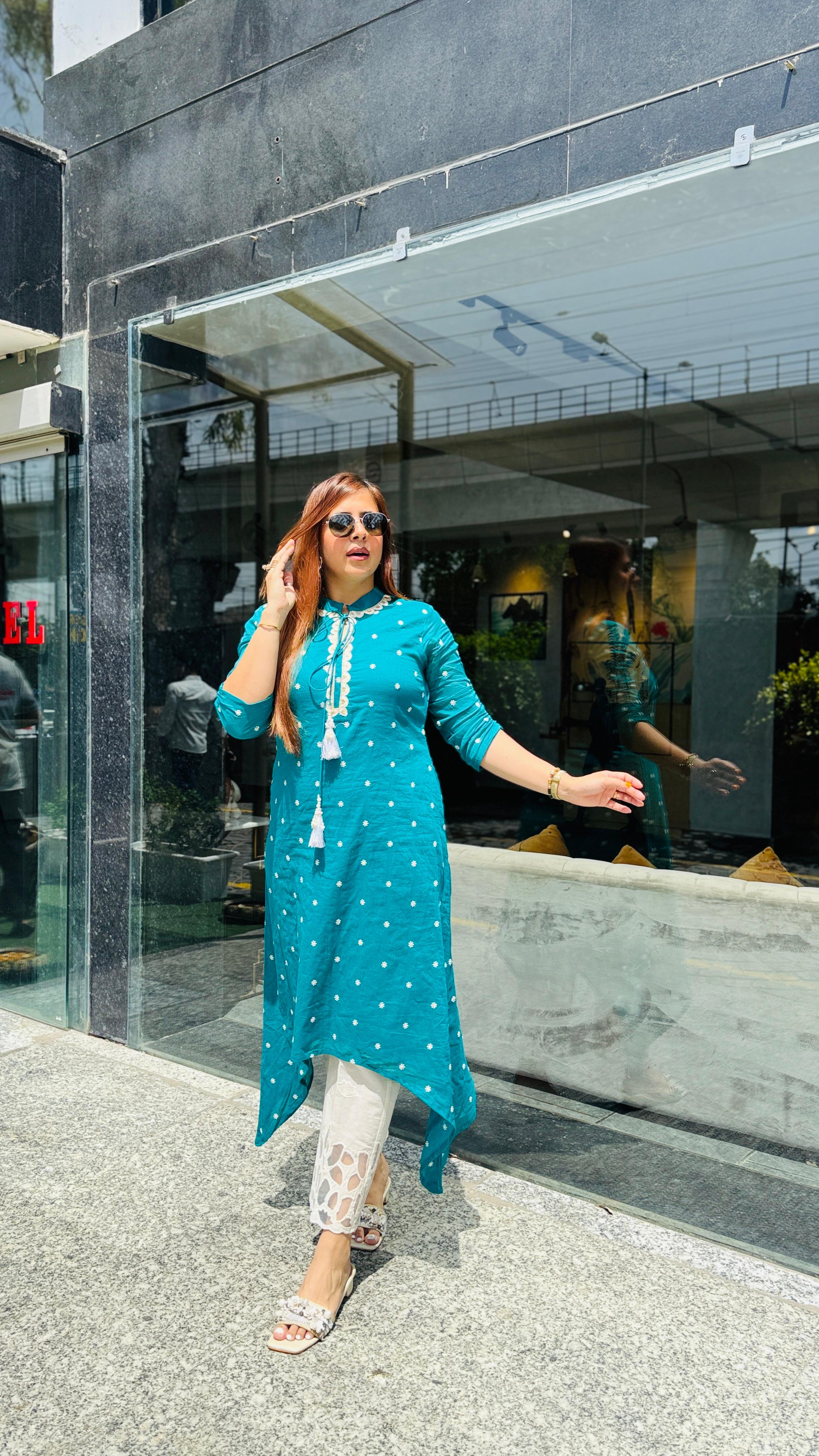 Teal Blue Embroidered Kurti | Lakhina Couture - Look 8