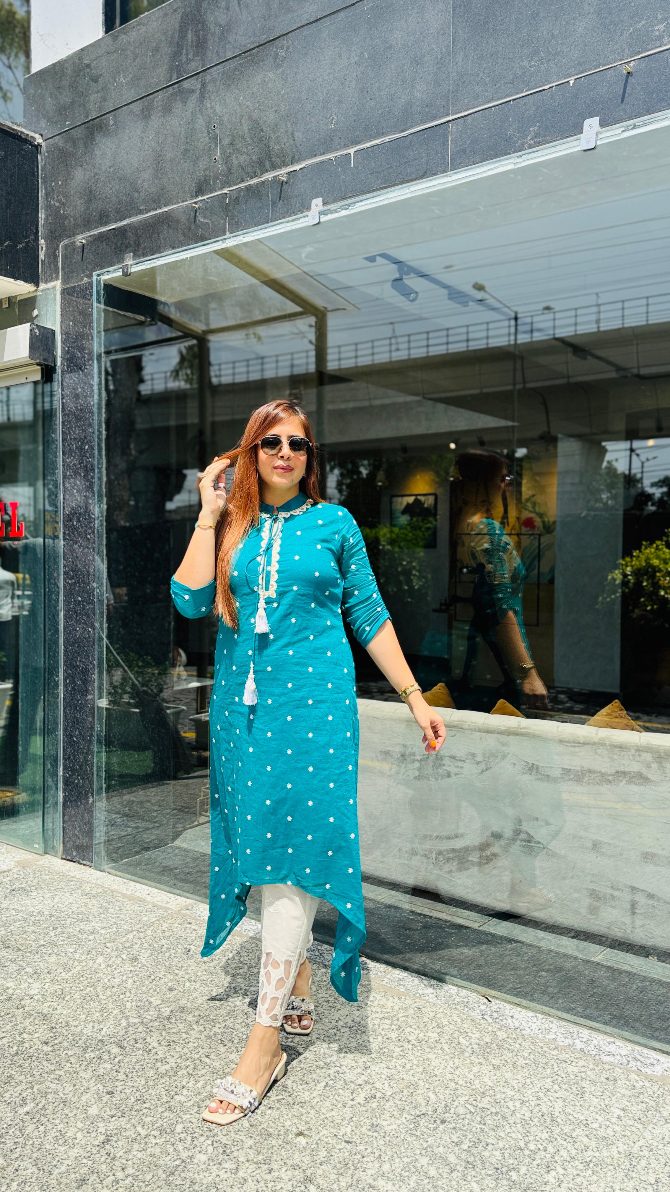 Teal Blue Embroidered Kurti | Lakhina Couture - Look 6