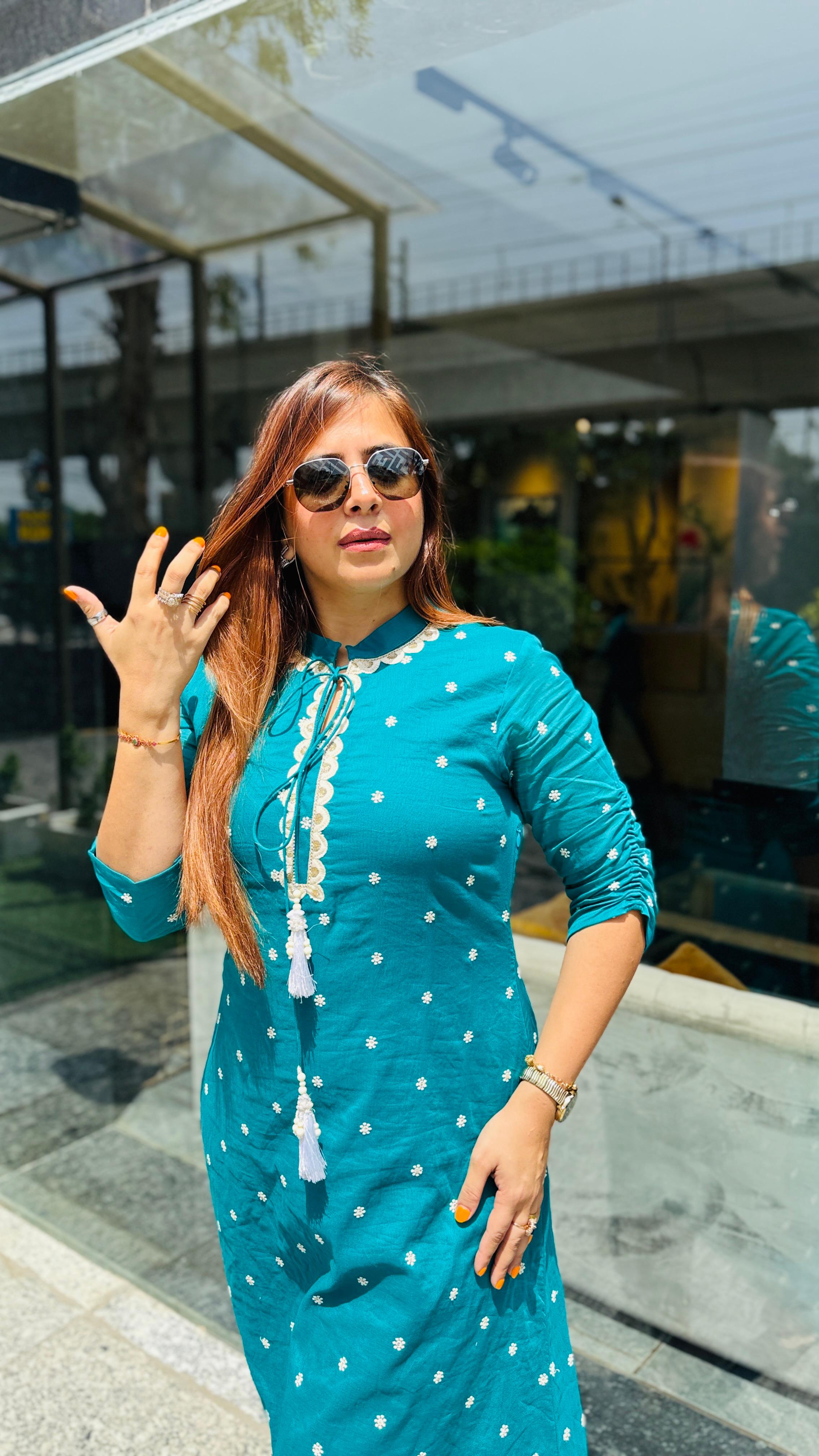 Teal Blue Embroidered Kurti | Lakhina Couture - Look 2
