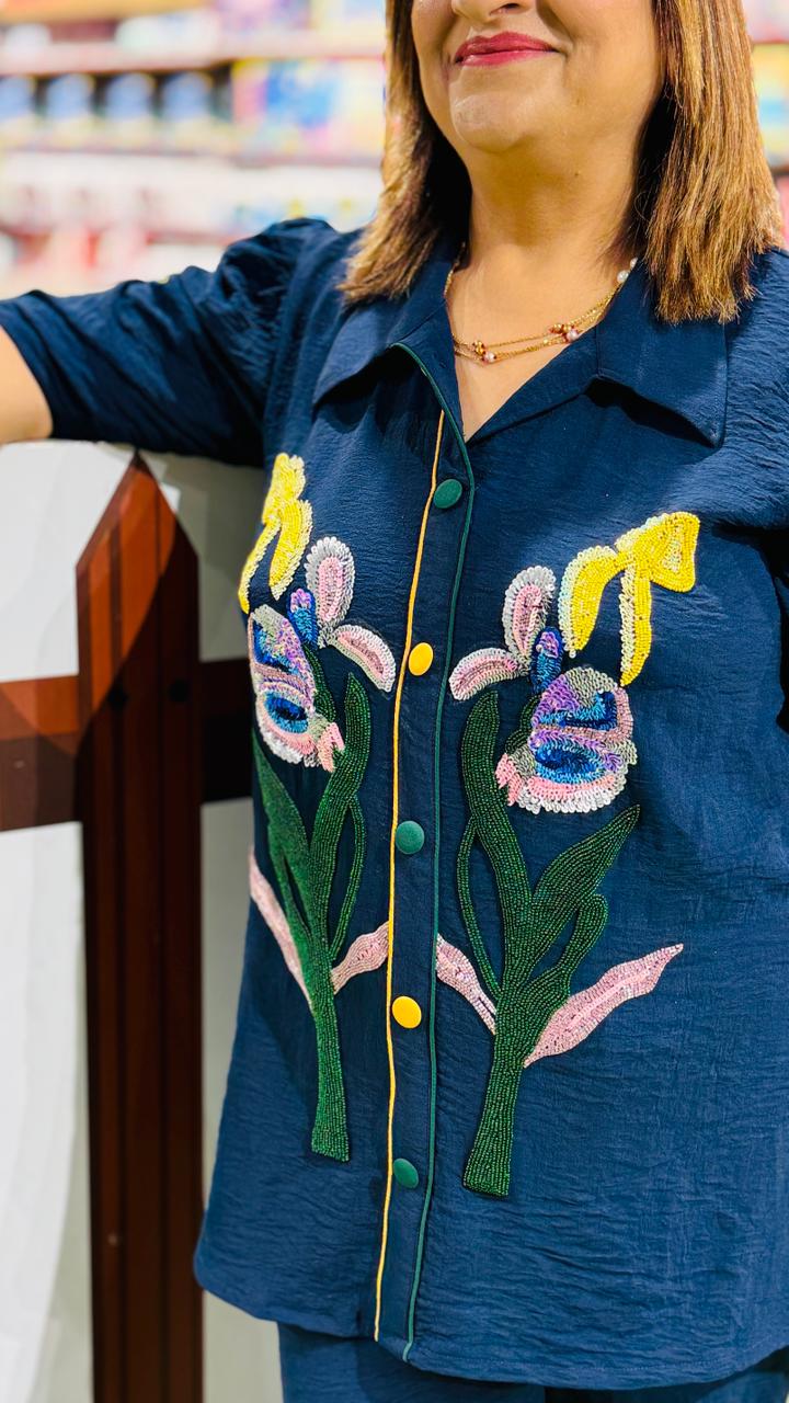 Navy Blue Embroidered Cotton Co-ord Set