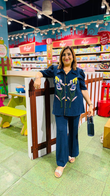 Navy Blue Embroidered Cotton Co-ord Set