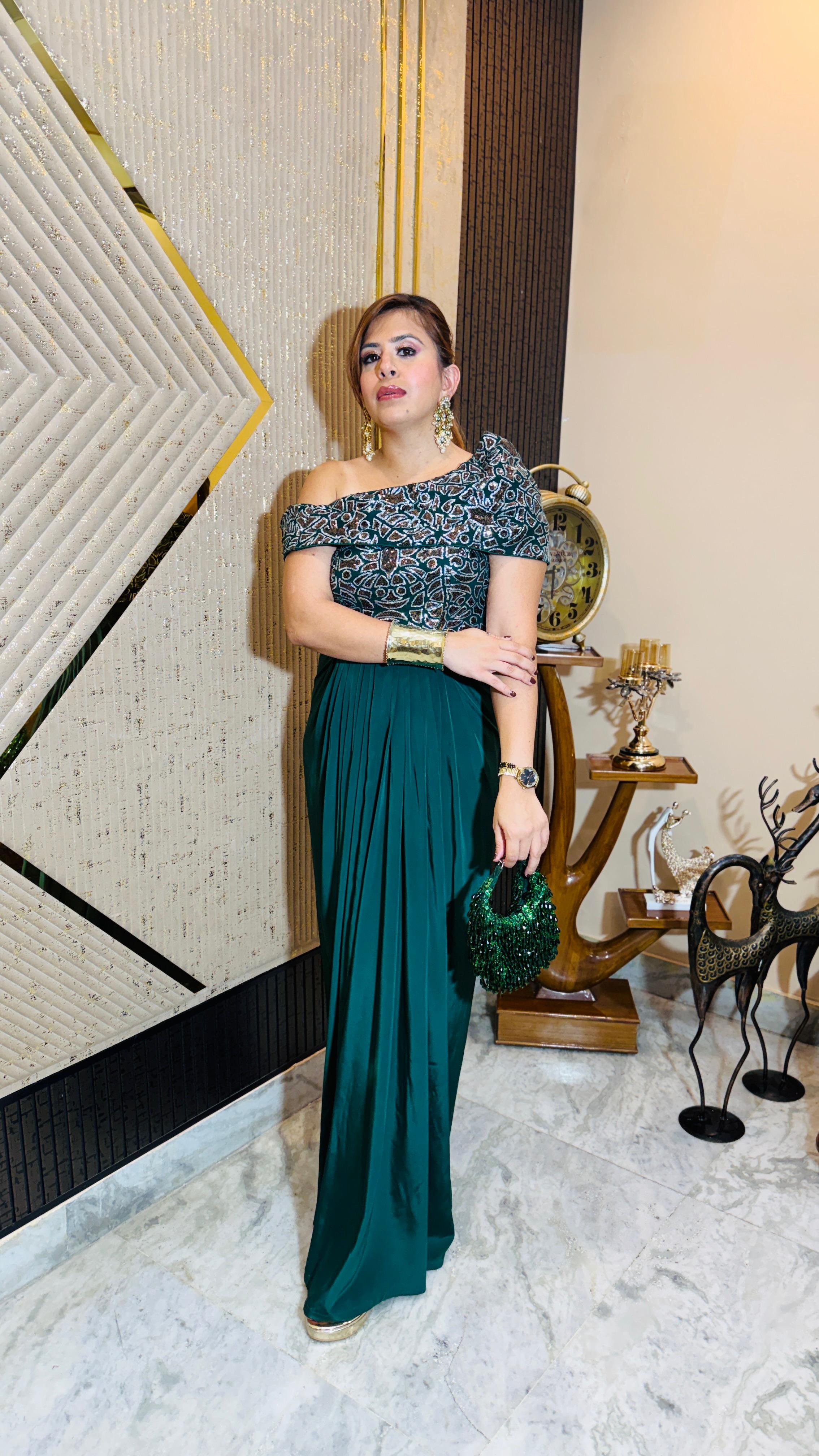 Green Martini Copper Drape Gown | Lakhina Couture