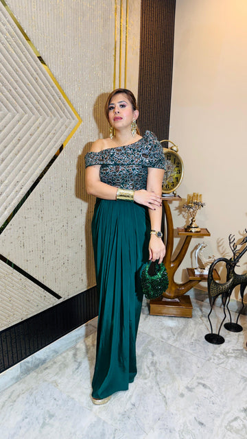 Green Martini Copper Drape Gown | Lakhina Couture