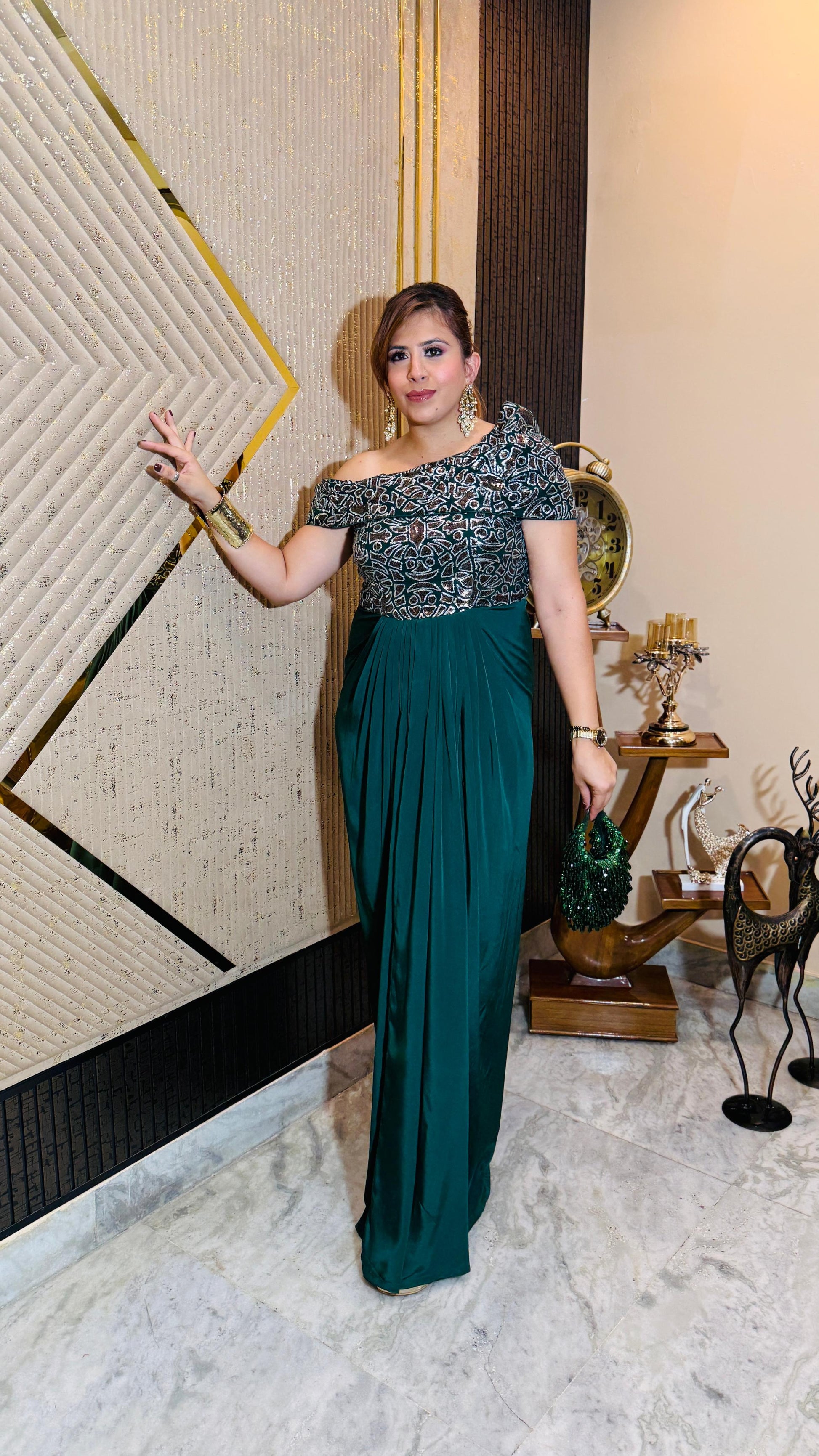 Green Martini Copper Drape Gown | Lakhina Couture - Look 7