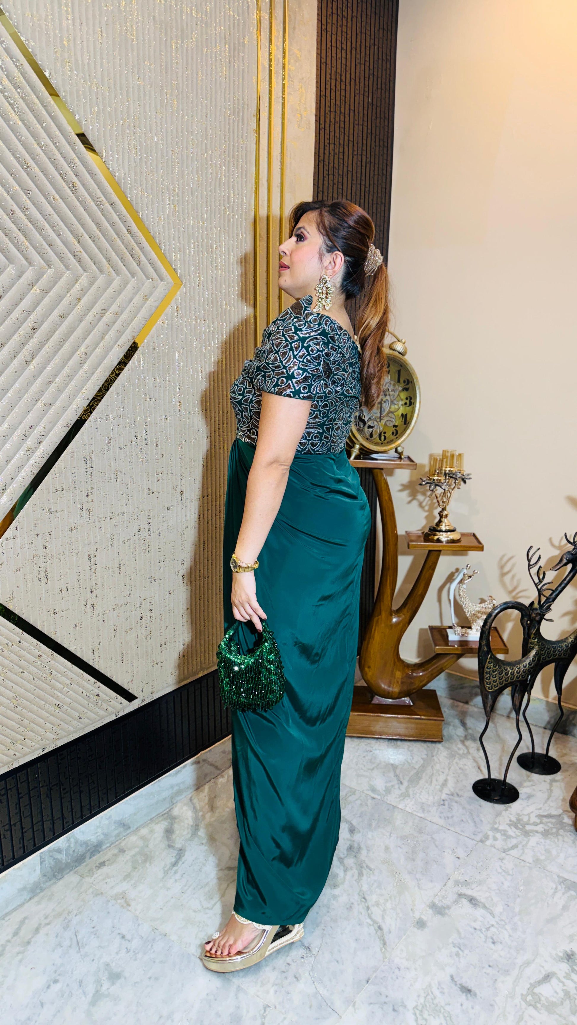 Green Martini Copper Drape Gown | Lakhina Couture - Look 3