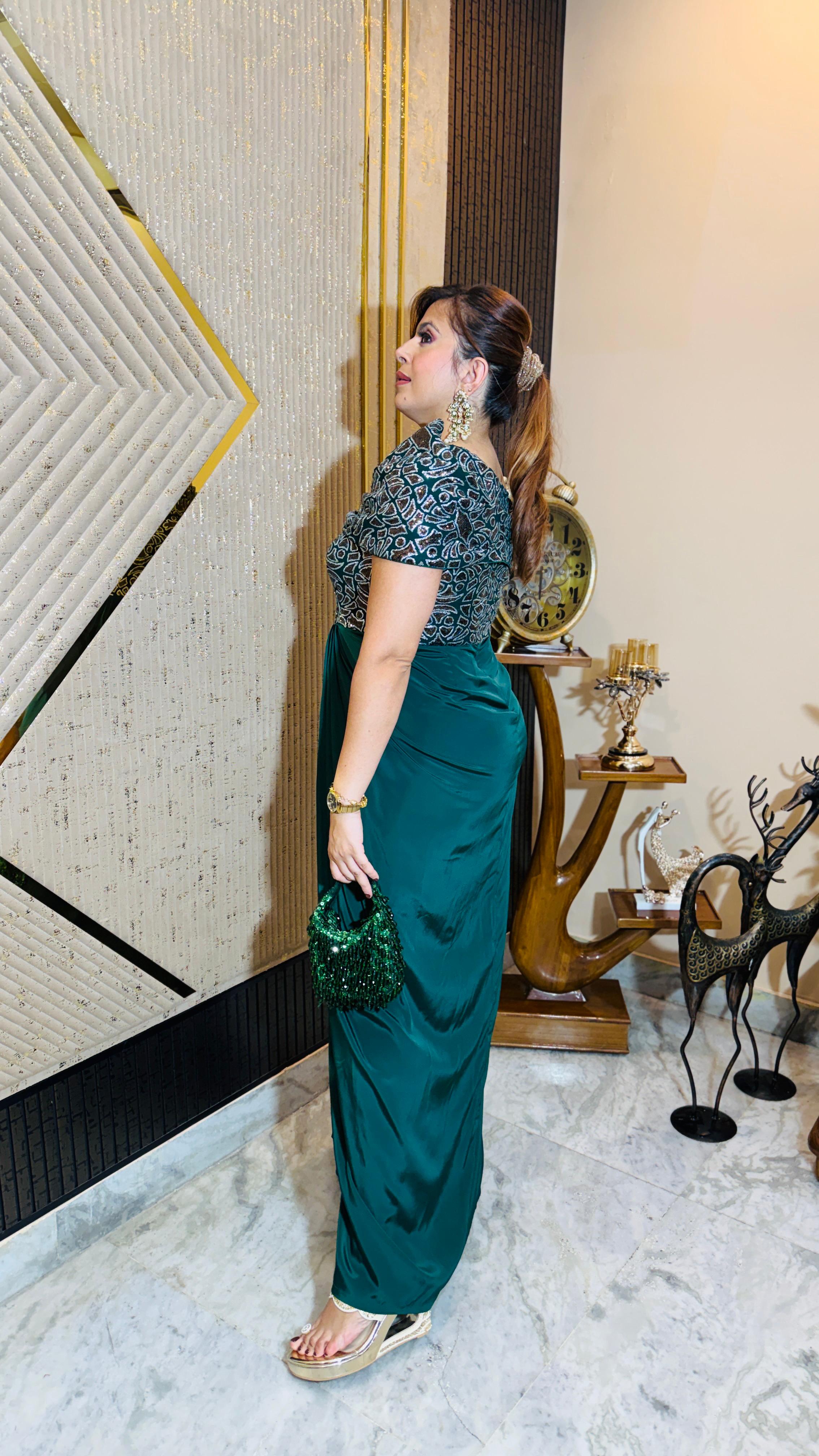 Green Martini Copper Drape Gown | Lakhina Couture - Look 3