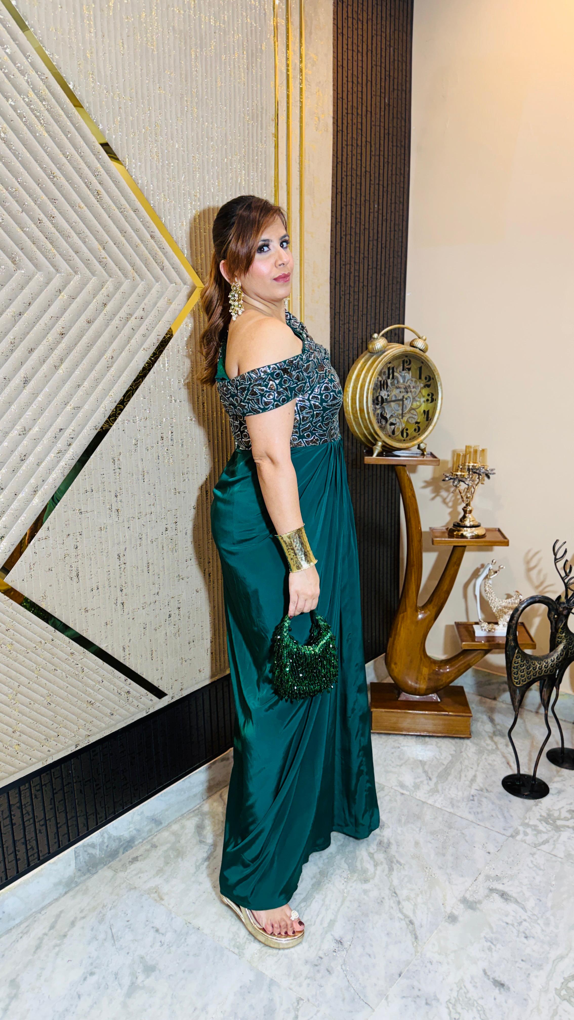 Green Martini Copper Drape Gown | Lakhina Couture - Look 5