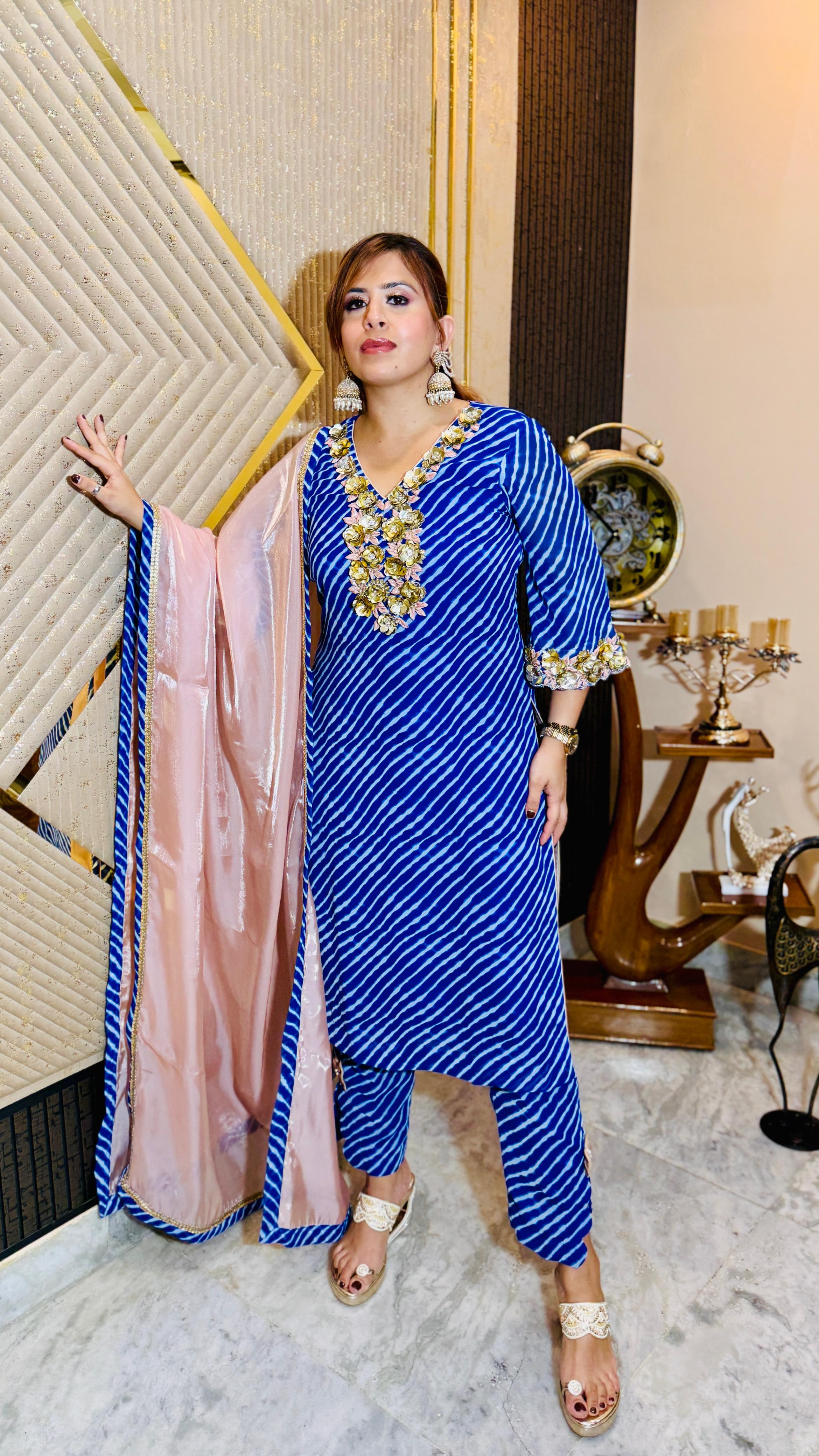 Royal Blue Leheriya Suit | Lakhina Couture