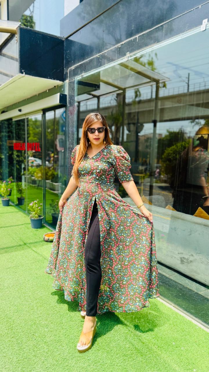Green floral slit top