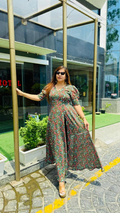Green Floral Slit Top