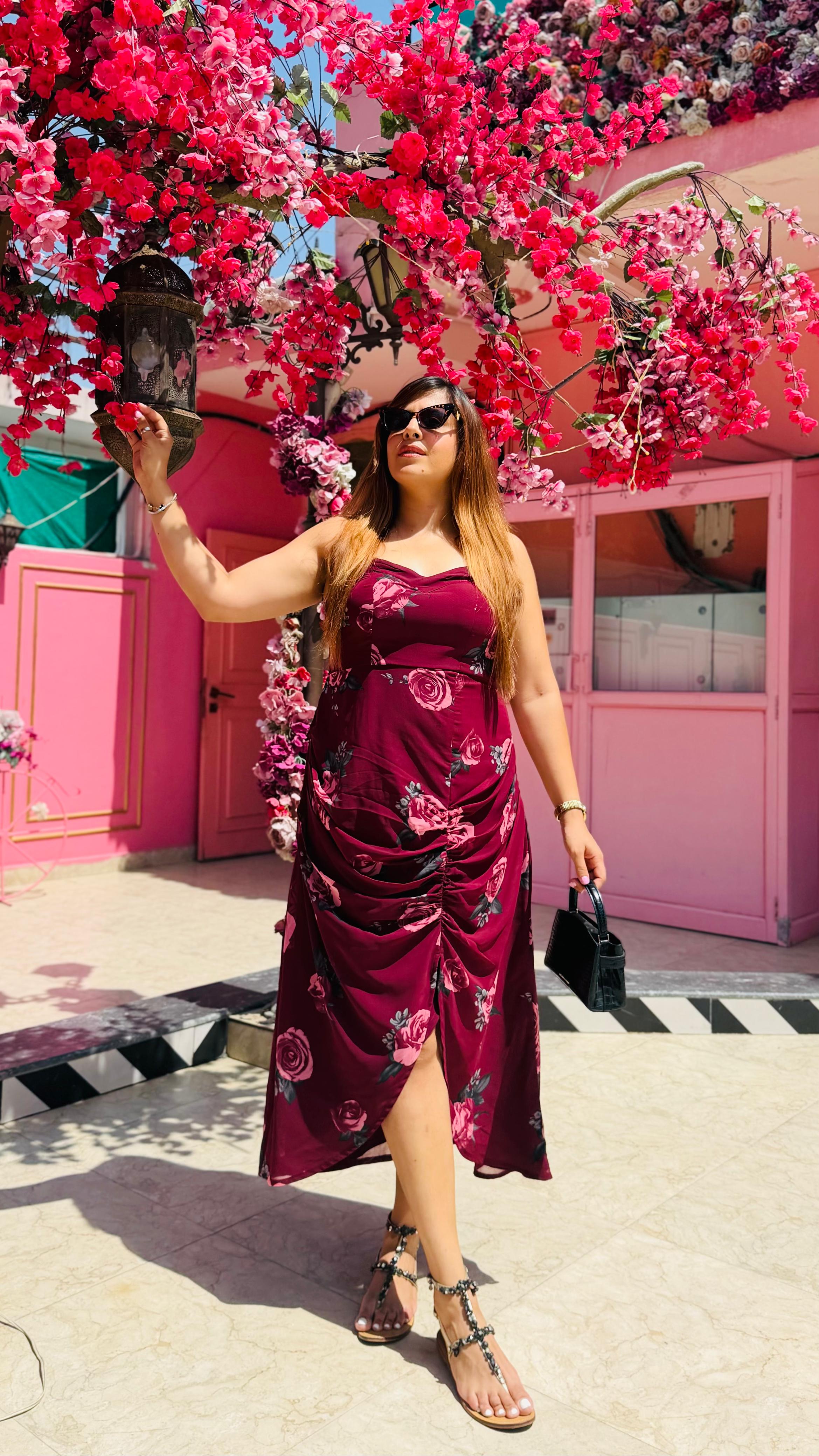 Wine Floral Midi Dress