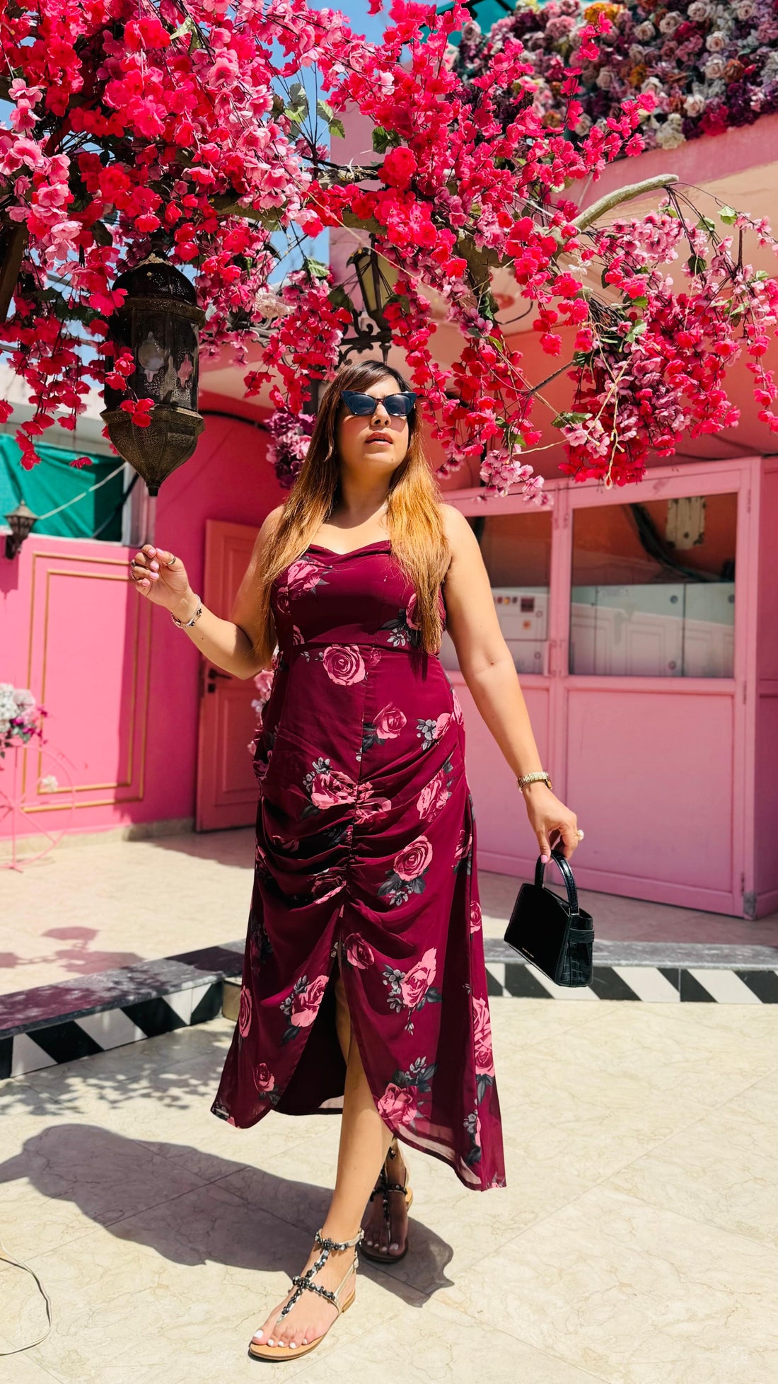 Wine Floral Midi Dress