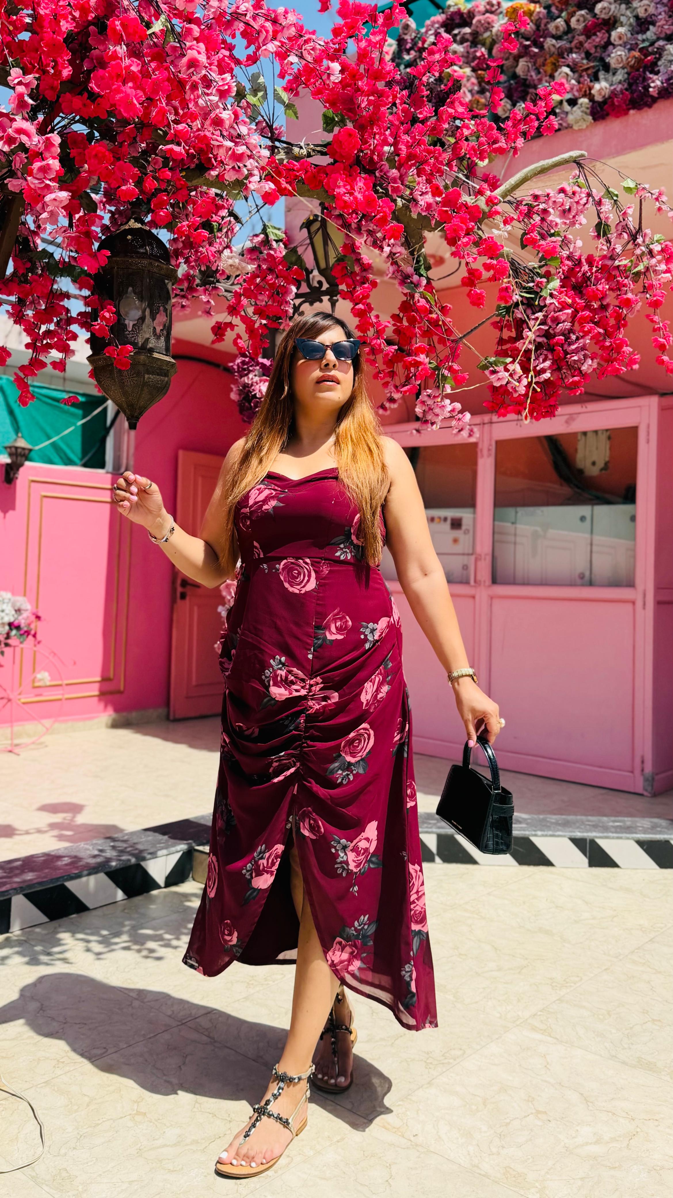 Wine Floral Midi Dress