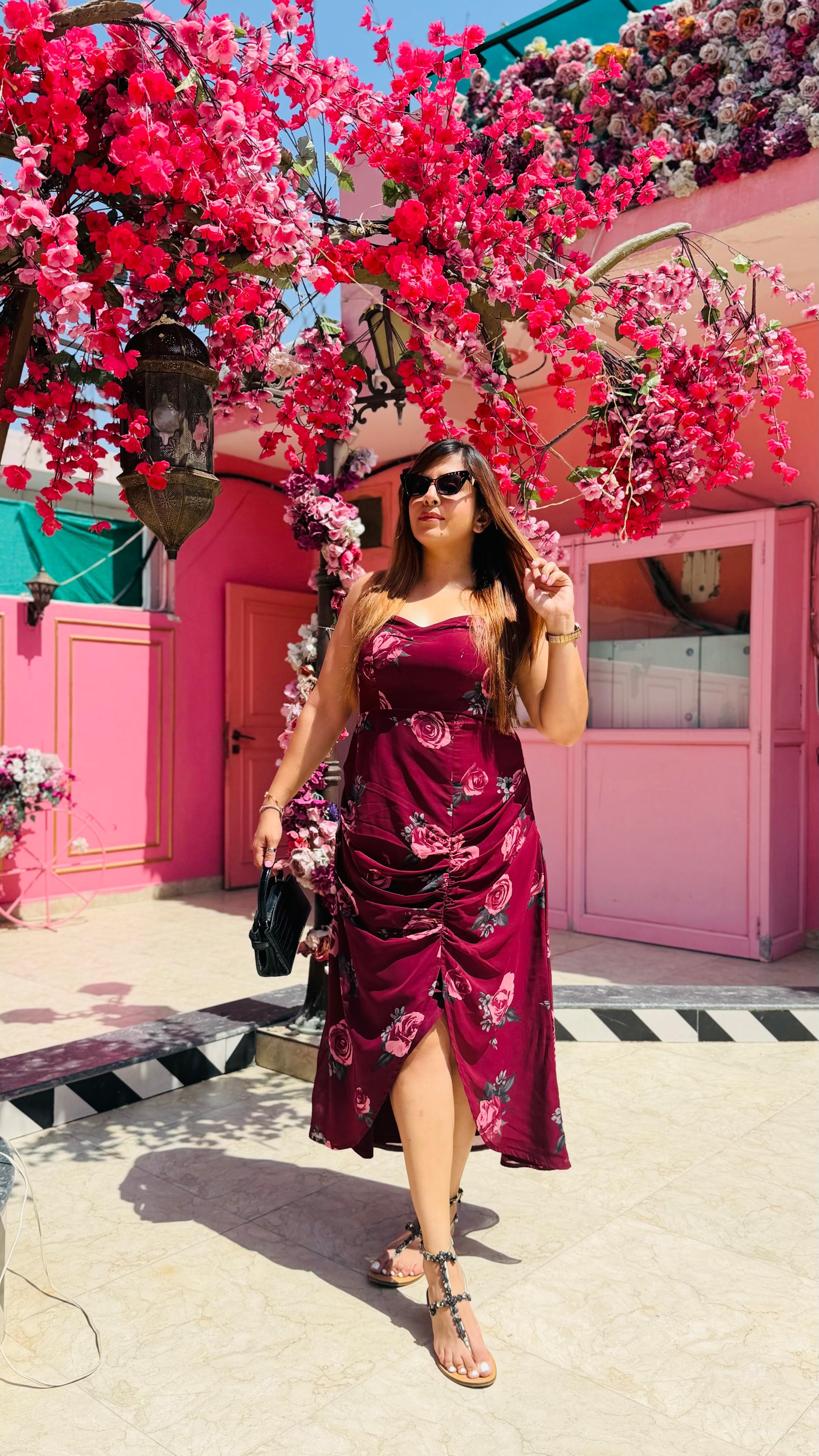 Wine Floral Midi Dress